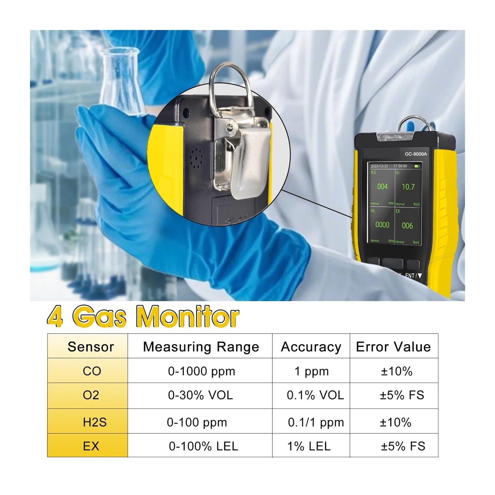 Detector de Gases, Detector de Gas Profesional, analizador O₂ EX H₂S CO, Monitor Calidad del Aire for Seguridad Industrial, Sensor 9000A