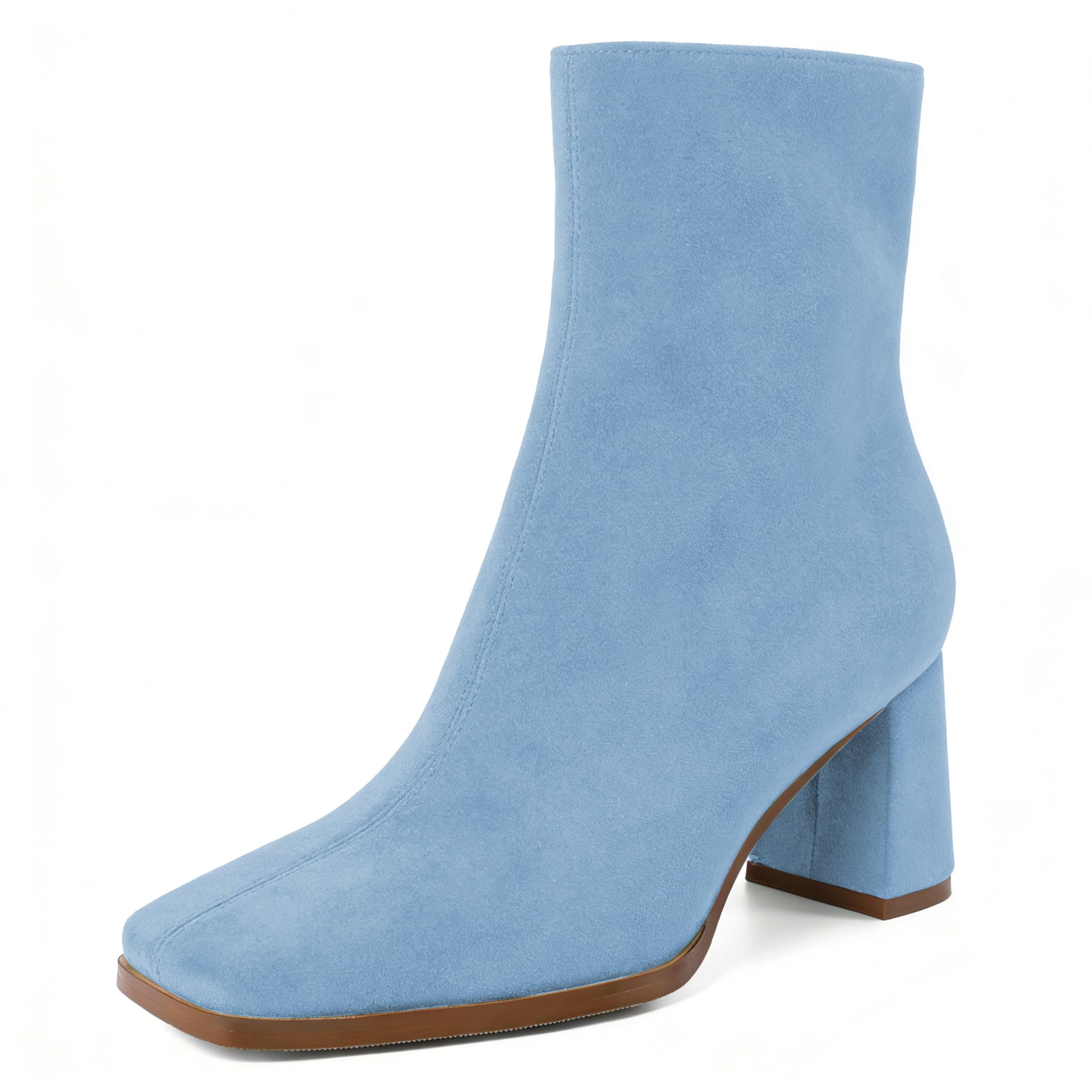 Eldof Ankle Boots Women Chunky Heel Square Toe High Heeled Gogo Short Booties Side Zipper 3 Inches