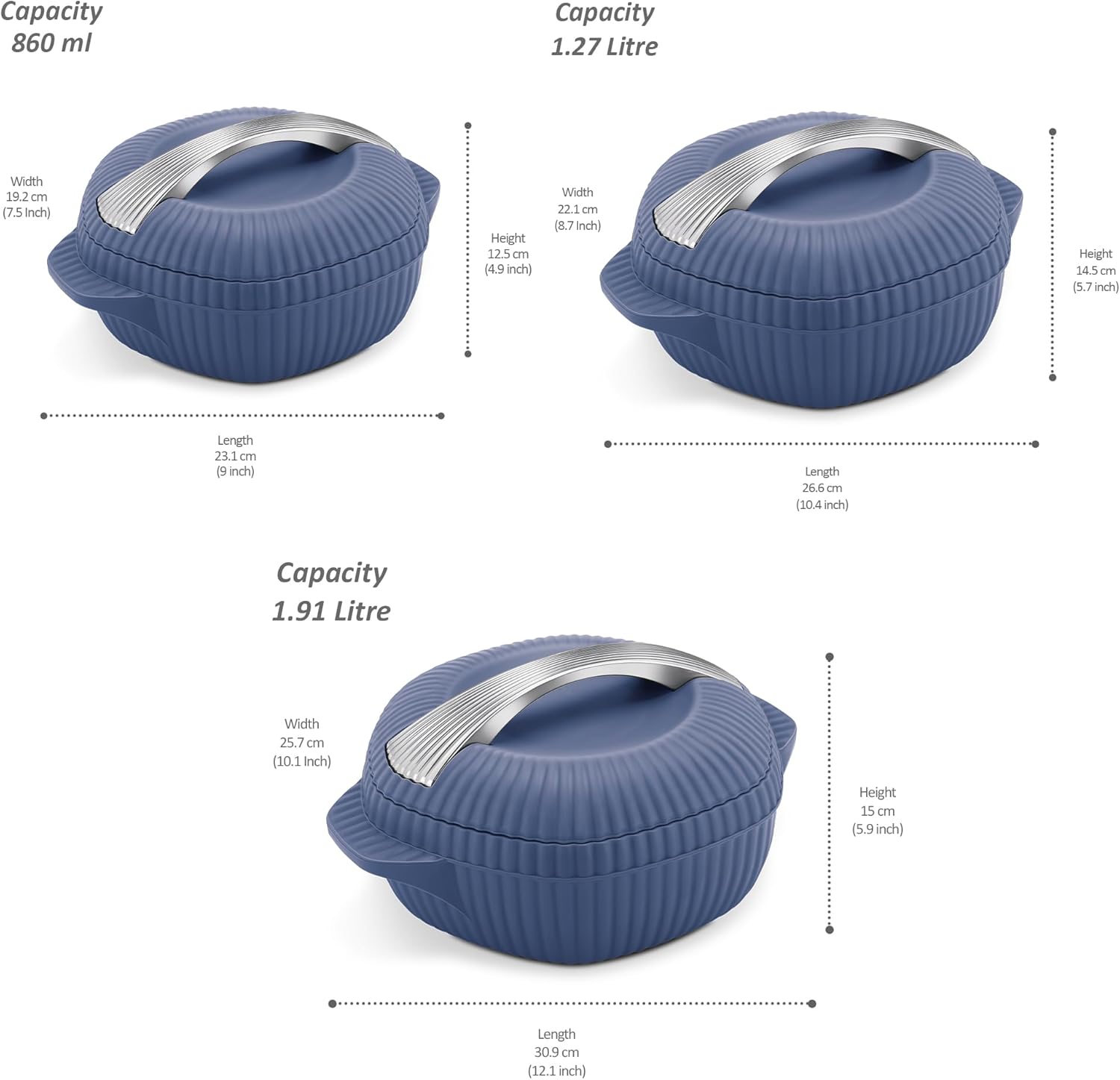 MILTON Oyster Reg. Gift Set PU Insulated Casserole, Set of 3 (860 ml, 1275 ml, 1910 ml), Royal Blue, BPA Free, Food Grade, Hot and Cold, Easy to Carry, Easy to Store, Chapati, Roti, Curd Maker