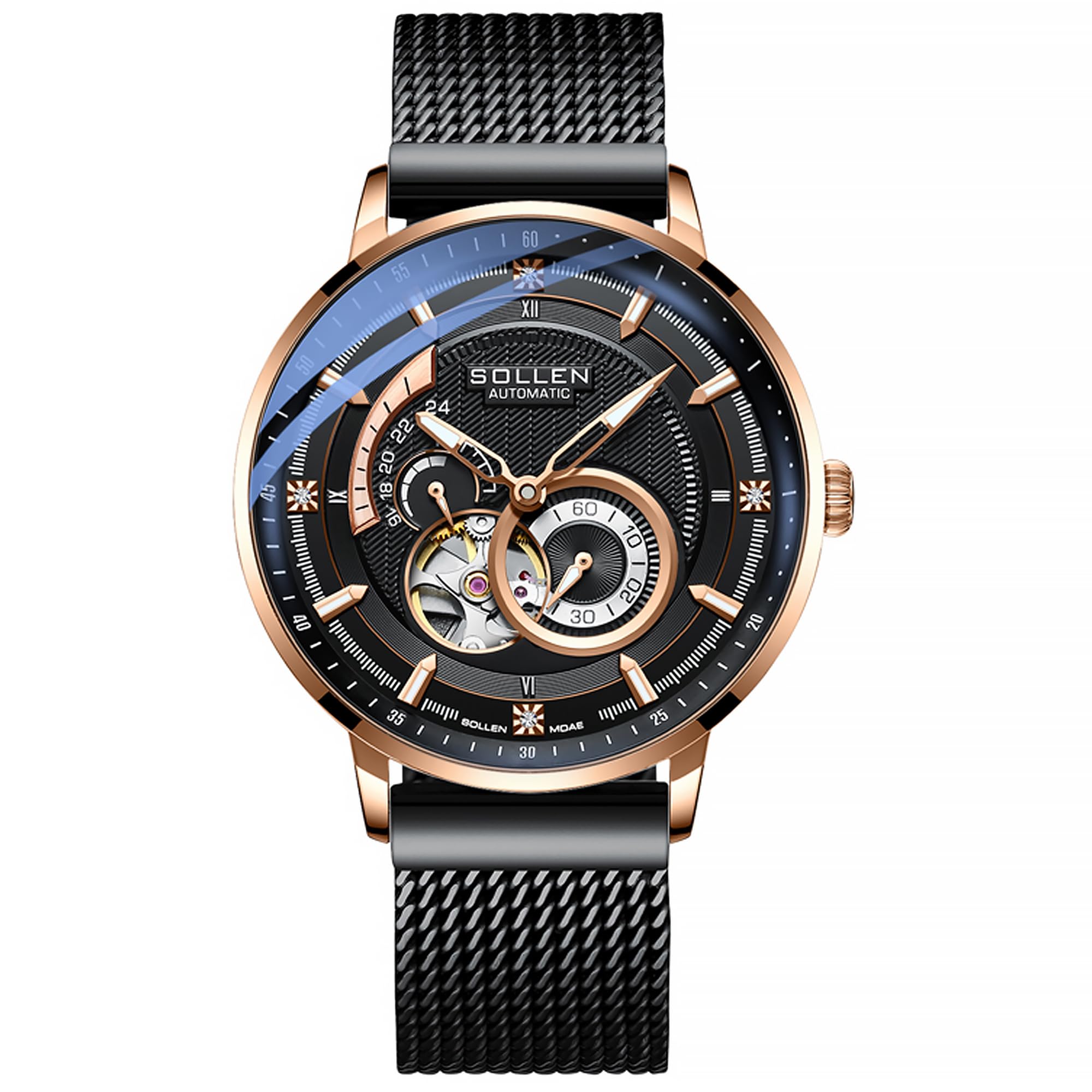 SOLLEN Skelett Automatik Uhr Herren,Automatische Herrenuhren mit Sekundenzeiger & 24-Stunden-Rufnummer,Minimalistische Herrenuhr Luxus,Originales Mechanisches Uhrwerk,Klassische Uhrengeschenk für Mann
