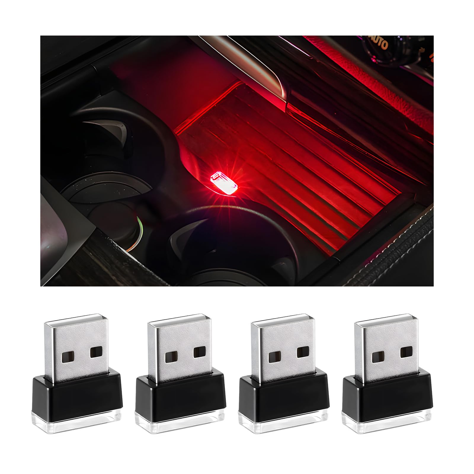 4 PCS USB LED Car Interior Atmosphere Lamp, Plug-in USB Interface Trunk Ambient Lighting Kit, Night Led Decoration Mini USB Light, Universal Interior Car Accessories (Red)
