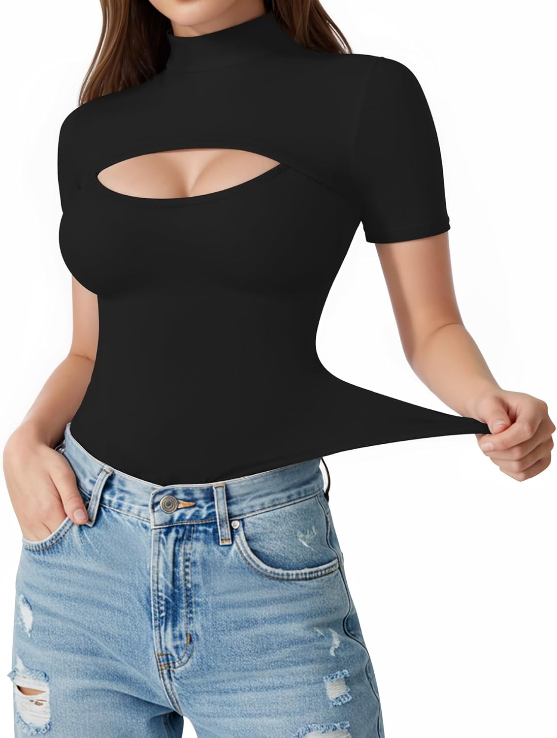 ALGALAROUND Short Long Sleeve Shirts for Women Basic Mock Turtle Neck Cut Out Tops Going Out T-Shirt Tee - Image 4