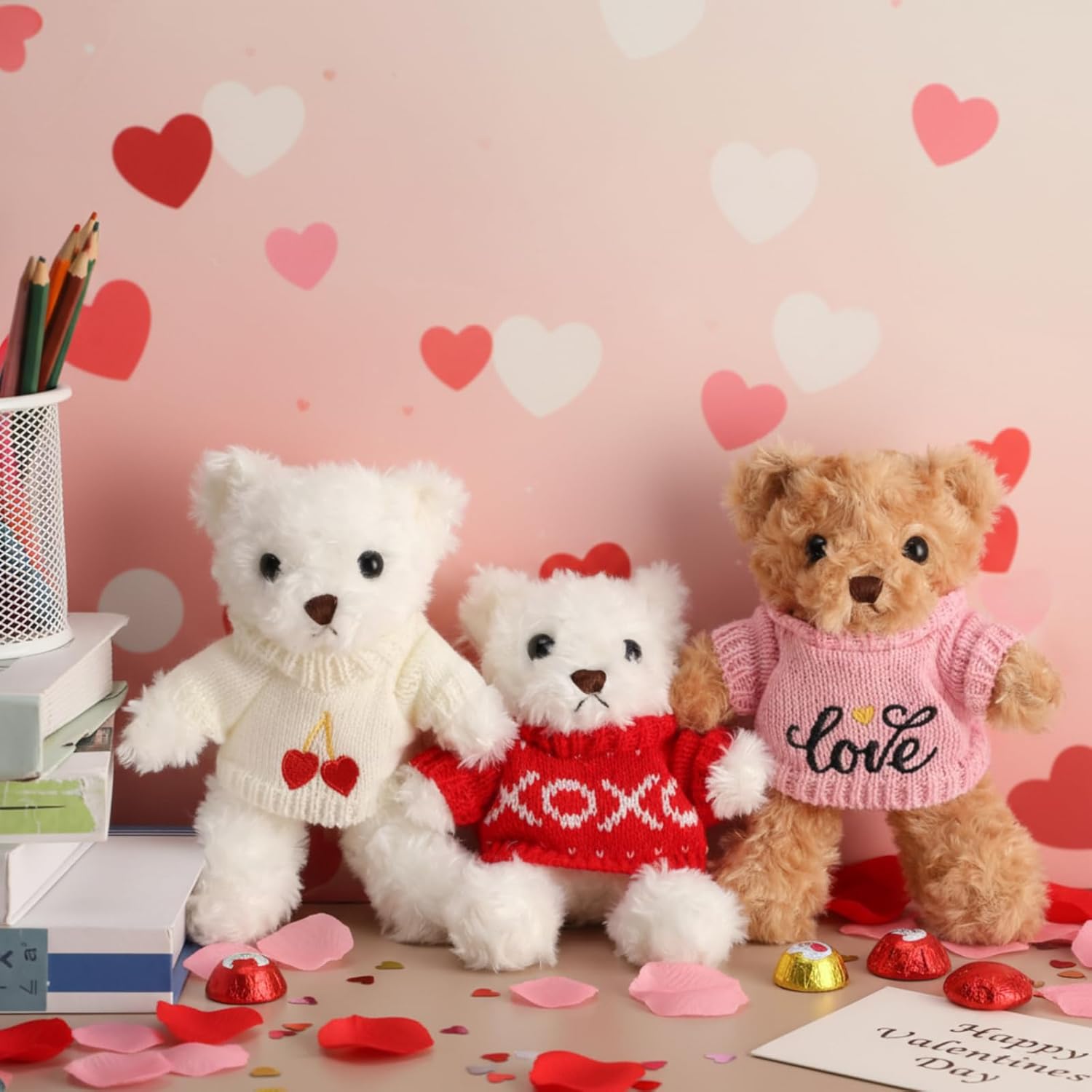 12 Pcs Valentine's Day Teddy Bear Bulk Stuffed Animals 8 Inch Mini Plush Bear Toys for Valentine Gift Party Favor Girlfriend Wedding Anniversary(Brown, White,Sweater Style)