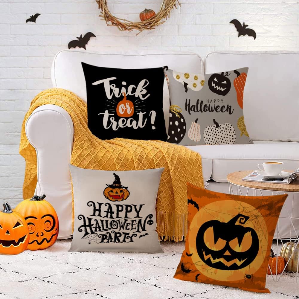 YeeJu Set of 4 Halloween Pillow Covers 26x26 Inch Trick or Treat Pumpkin Decor Throw Pillow Covers Black Halloween Cushion Covers Linen Square Pillow Cases for Home Outdoor Sofa Couch (26 by 26)