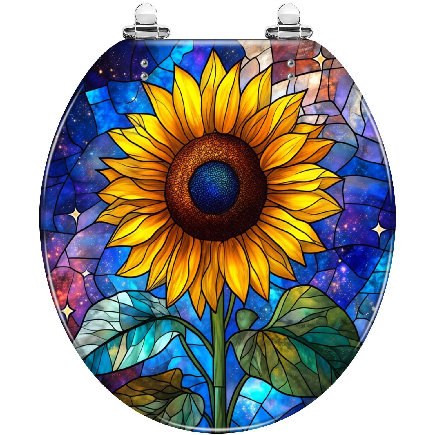 Asiento de inodoro redondo decorativo de resina con diseño de girasol, con cierre silencioso, bisagras de liberación rápida, cubierta, fácil de limpiar e instalar, decoración de primavera cósmica