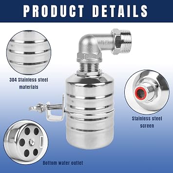 2 Pack Water Float Valve, Stainless Steel Automatic Water Level Control Float Valves 1/2 and 3/4'' Connetions Auto Shut off Valve for Water Tank, Fish Tank, Swimming Pool, Livestock Troughs