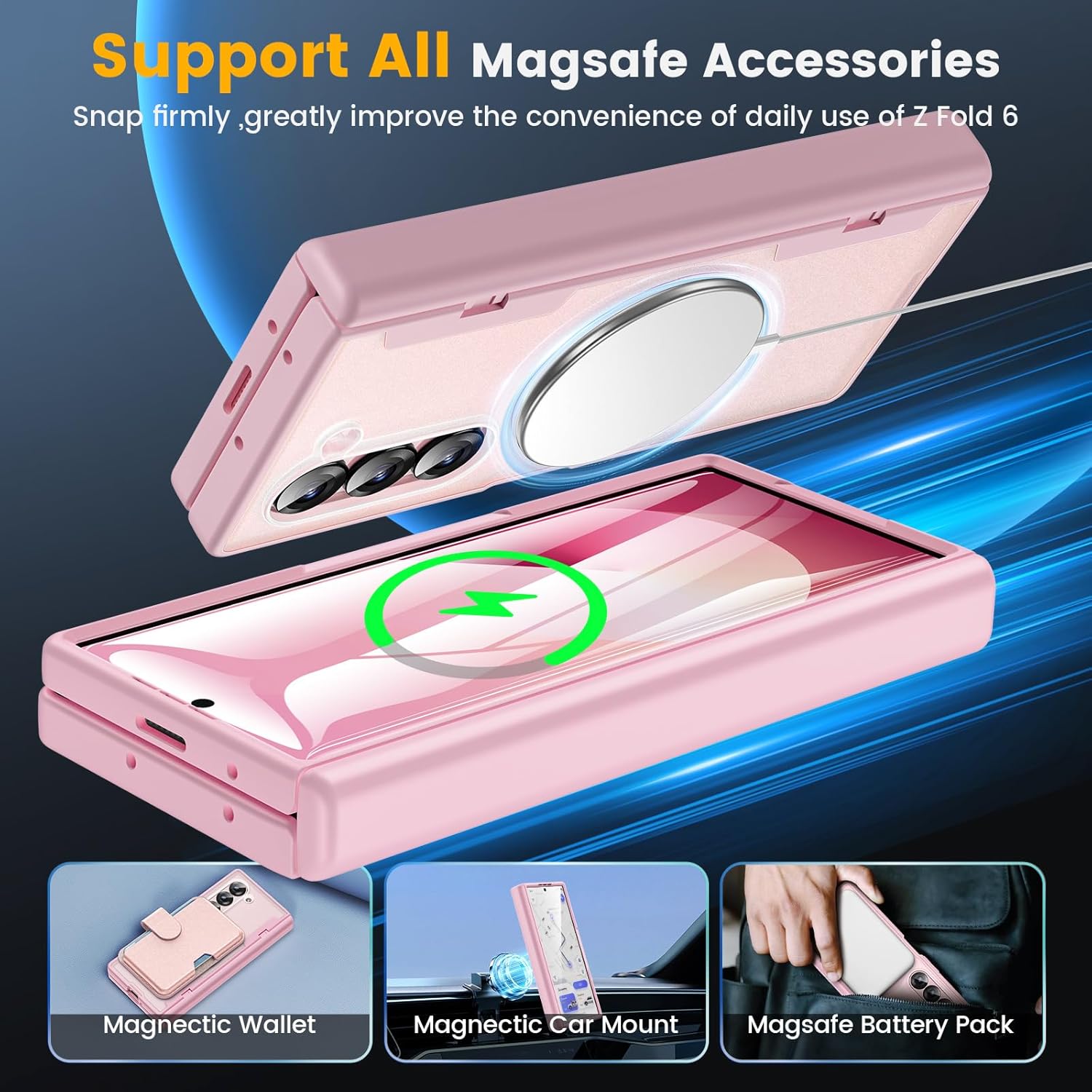 Caka for Samsung Galaxy Z Fold 6 Case [Compatible with Magsafe] [Hinge Protection] [Built-in HD Screen Protector] Translucent Hard Shockproof Magnet Phone Cover for Fold6 - Pink Pink Z Fold 6