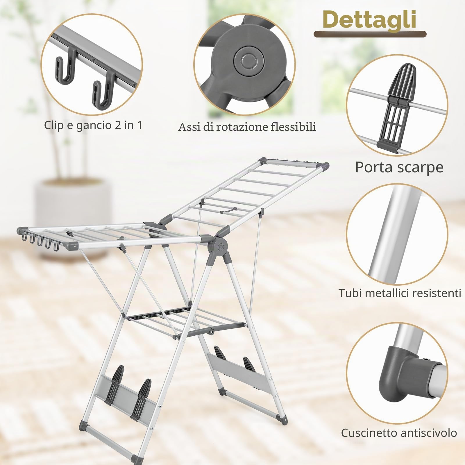 HOMASIS Stendibiancheria Pieghevole, Stendino Allungabile con Ali, Regolabile in Altezza, Stendino Verticale Salvaspazio con 21 Bastoni e 10 Supporti per Calze e 4 Portascarpe da Interni/Esterni