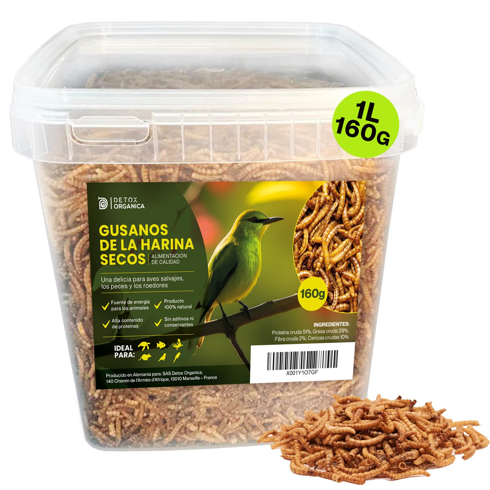 Detox Organica Gusanos de la Harina 160g – Gusanos de la Harina Deshidratados 1L – Gusanos para pájaros disecados – 100% Natural