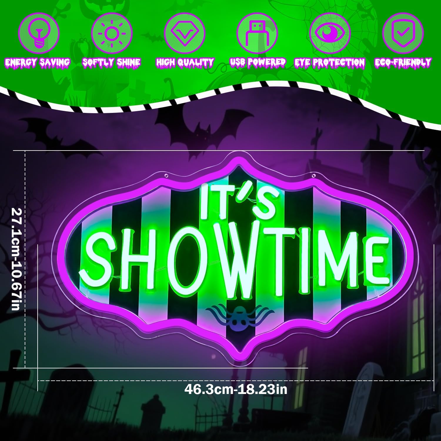 Ajoyferris It's Showtime Neon Sign Dimmable Neon Halloween Sign Showtime Led Sign Horror Movie Neon Lights Striped Gothic Light Up Sign for Halloween Party Decor