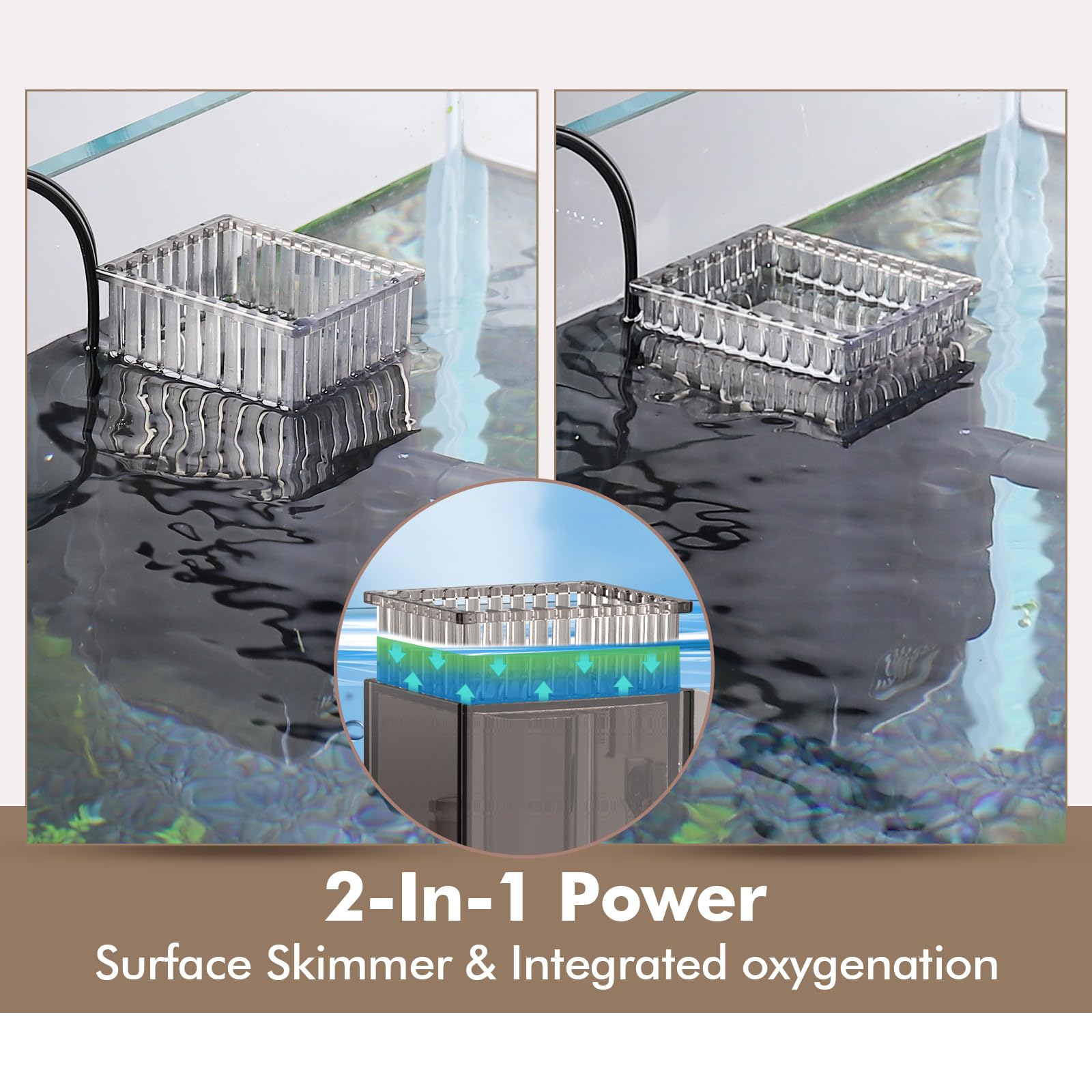 Skimmer de superficie de acuario de hasta 50 galones, espumador de flujo de 132 GPH con doble salida y función de generador de ondas, 6 W