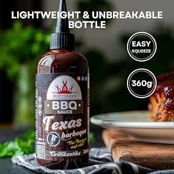 Poppamies BBQ Sauce Texas Barbeque – Smoky & Tangy Flavor Perfect for Grilling Dipping & Marinades – Gluten-Free Vegan - 360g