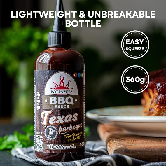 Poppamies BBQ Sauce Texas Barbeque – Smoky & Tangy Flavor Perfect for Grilling Dipping & Marinades – Gluten-Free Vegan - 360g