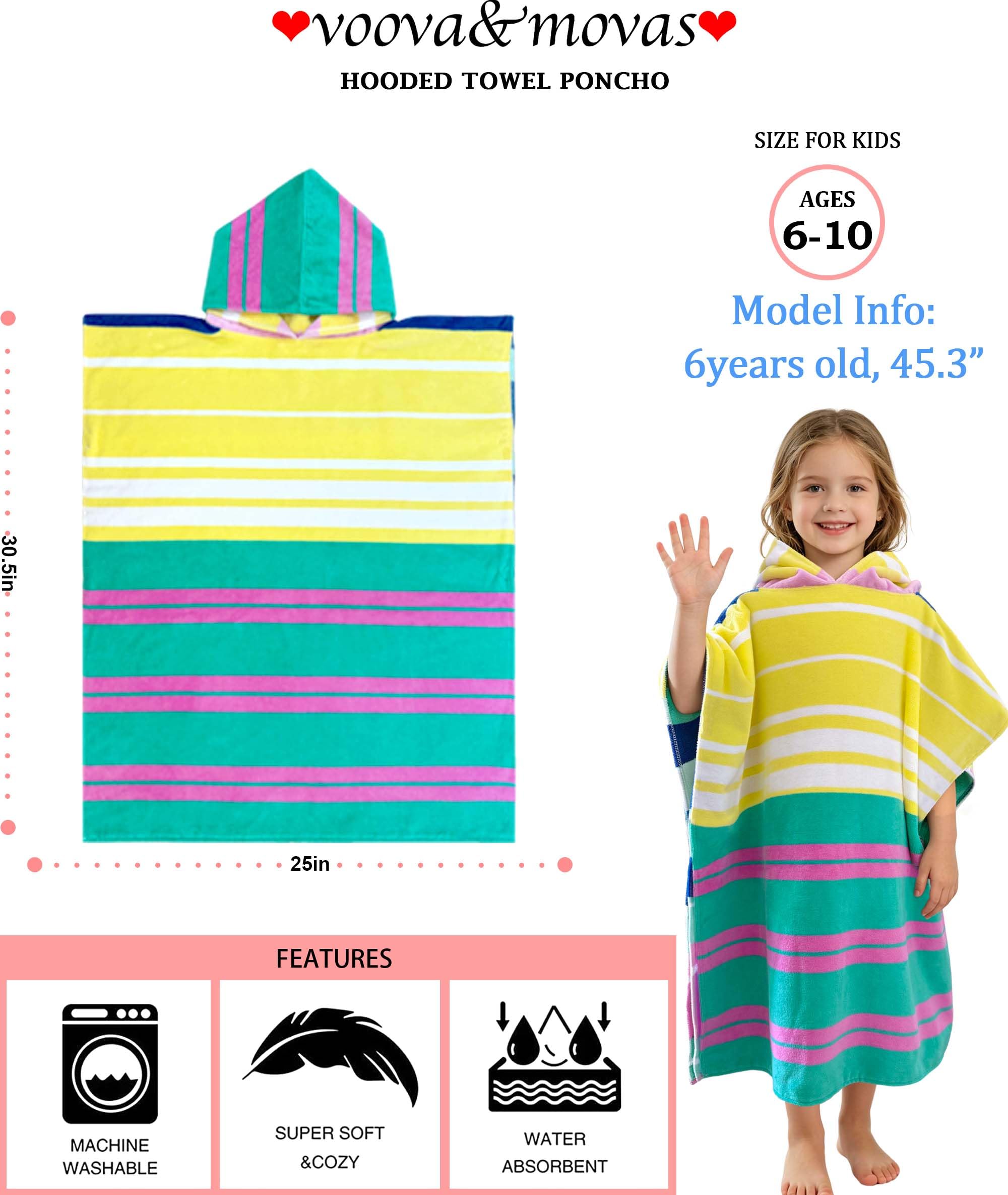 Toallas de playa con capucha para niños, de gran tamaño 64 "x 26" Diseño hecho de 100% algodón - Color de la tira, perfecto para la natación de verano | Baño | Playa | Regalos de cumpleaños