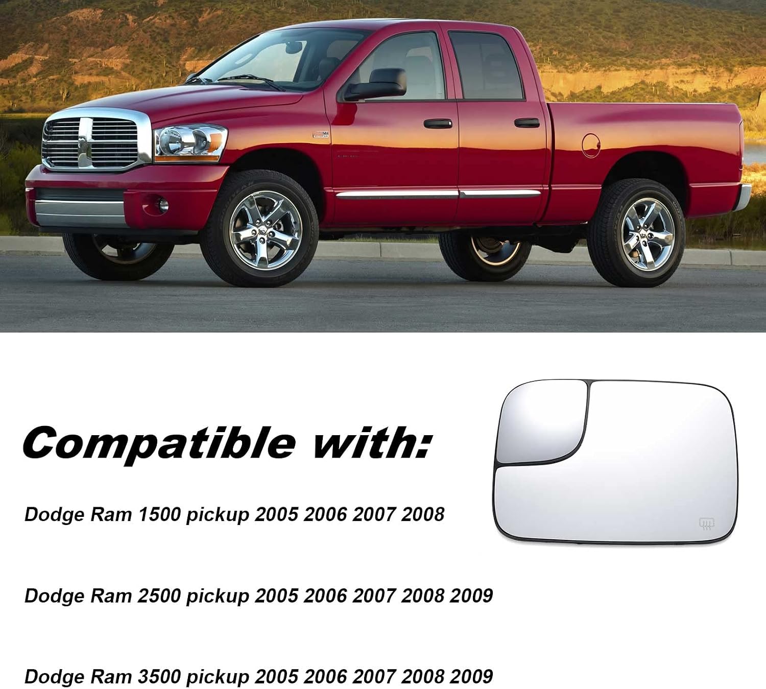 Heated Mirror Glass Left Driver Side Compatible with Dodge Ram 1500 2500 3500 2005 2006 2007 2008 2009 Replace# 5161011AA With spotter mirror