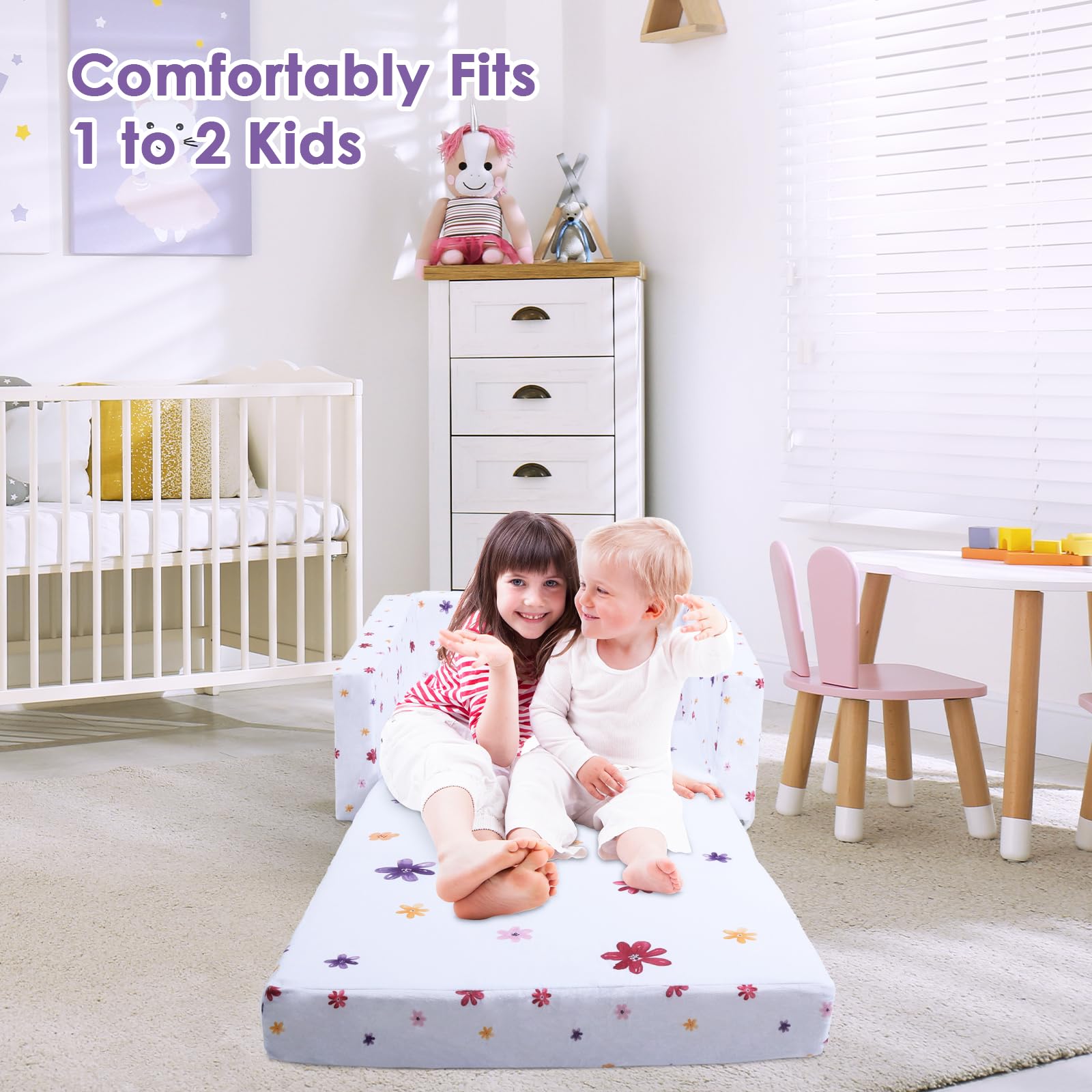 Canapé Pliant pour Enfants Canapé-Lit Convertible 2 en 1, Canapé-Lit pour Bébés Stable Confortable avec Pochette en Tissu, Canapé Chaise Léger pour Chambre à Coucher Salle de Jeux, Arc-en-ciel Fleur