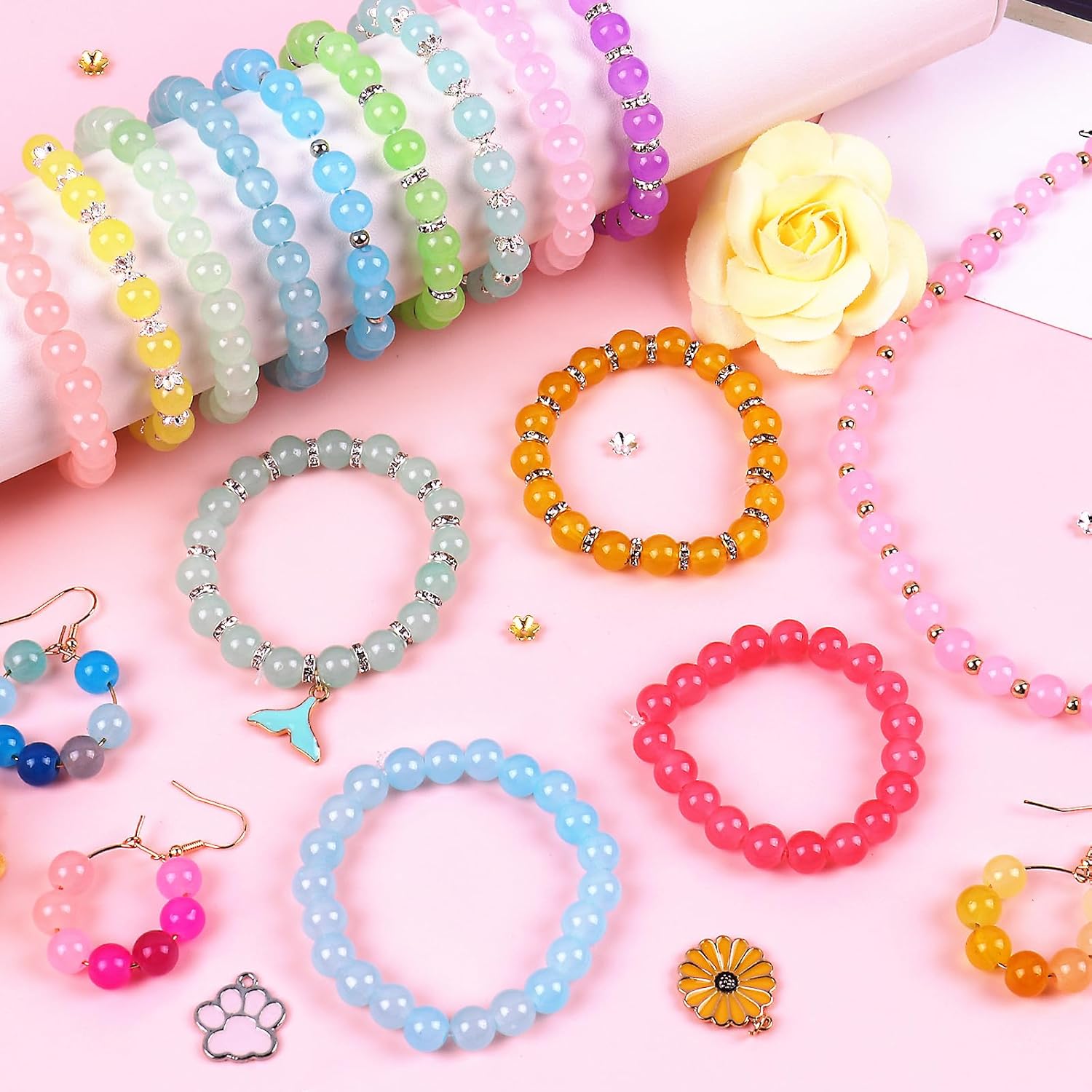 Wuollgess 1700Pcs 8mm Glass Beads for Bracelet Making Kit, 48 Colors Crystal Round Beads for Jewelry Making DIY Crafts Gifts Set for Teens Adults Beginners, 2 Box - Image 5