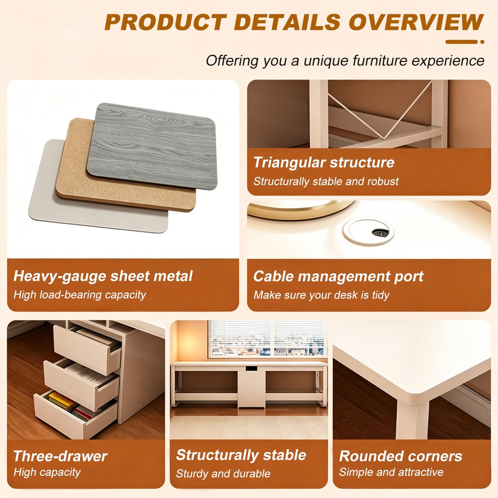 Escritorio de Madera para 2 Personas con cajones, para hogar y Oficina Natural,L200 cm