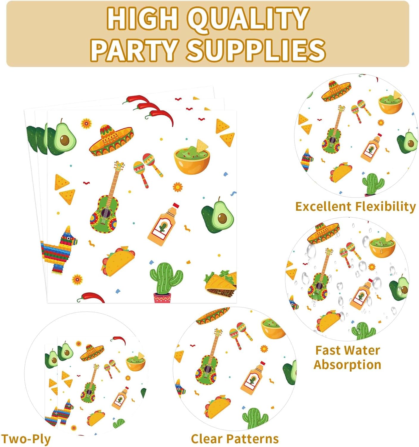 200 Pcs Taco Fiesta Party Supplies Mexican Gold Foil Square Plates and Napkins Colorful Mexican Themed Tableware Set for Cinco De Mayo Birthday Taco Carnival Party Decorations Serves 50