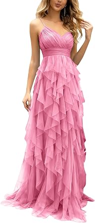 Tulle Prom Dresses for Women Ruffles Spaghetti Straps Evening Party Gowns Wedding Guest Formal Maxi Dress