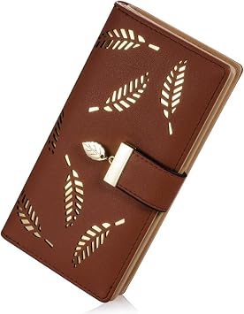 Sweet Cute Chocolate Womens Long Leaf Bifold Wallet Leather Card Holder Purse Zipper Buckle Elegant Clutch Wallet Handbag for Women - Brown
