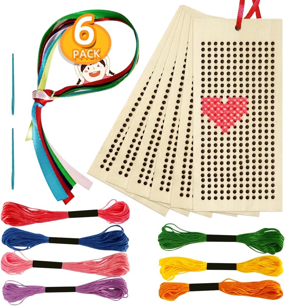 Wooden Bookmark Cross Stitch Kits, 6 Pack Embroidery Kit for Beginners Cross-Stitch Bookmark/Threads, Plastic Needles & Ribbons, Embroidery Set Cross Stitch Starter Kits for Crafts & Arts