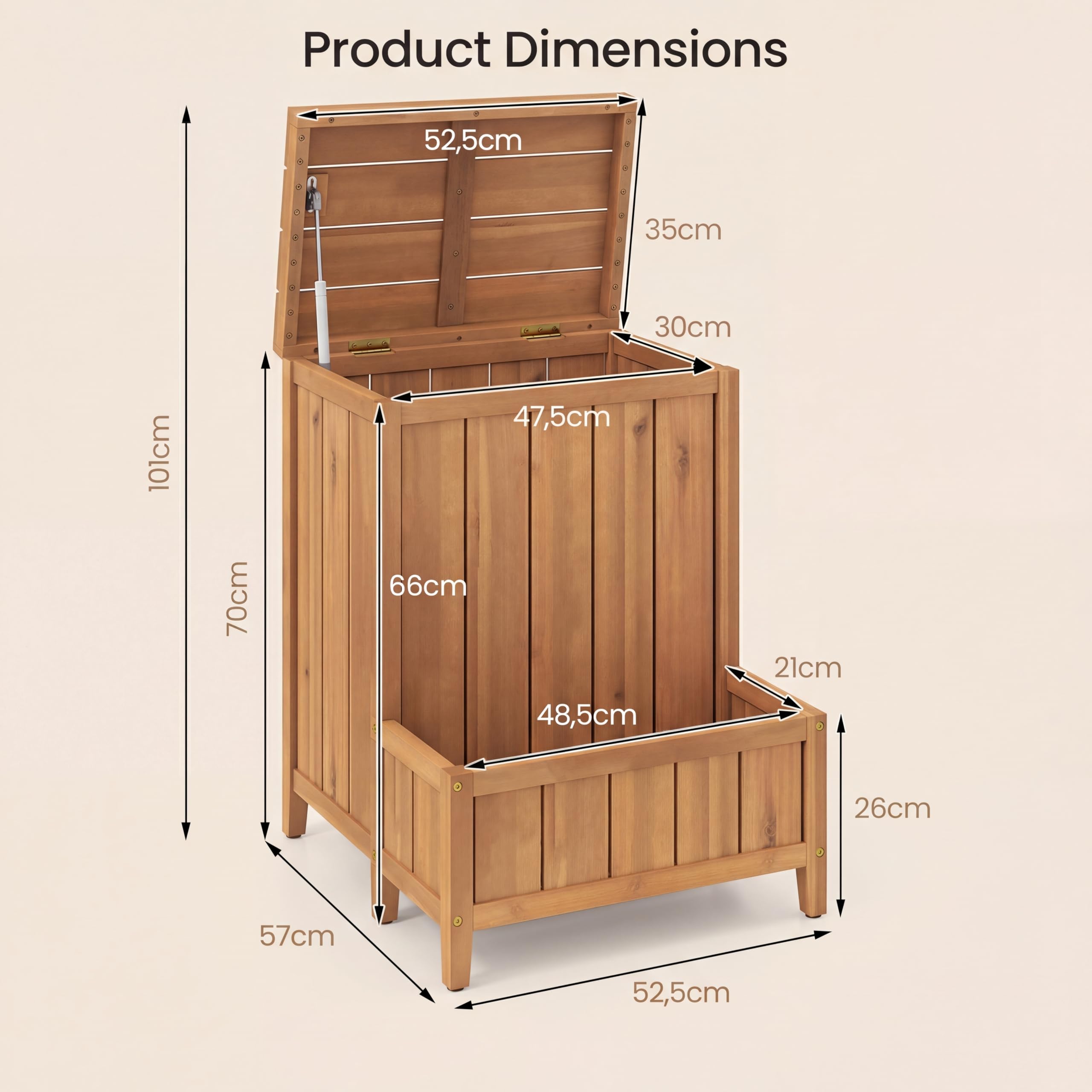 HOMASIS 2 in 1 Paketbox mit Pflanzkübel, Paketannahme mit Blumenkasten aus Holz, Auflagenbox mit Deckel & Gasdruckfeder, multifunktionale Aufbewahrungsbox für Terrasse & Garten, Natur
