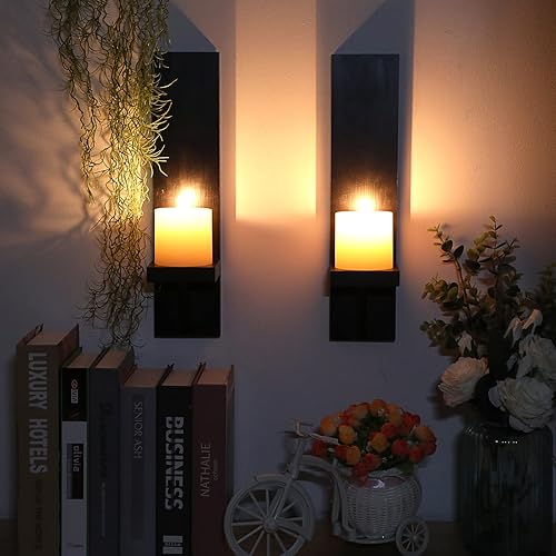 Miniatura 2 de OwnMy Juego de 2 candelabros de madera para pared, estilo rústico, para colgar en la pared, candelabros de madera negros para decoración de sala de
