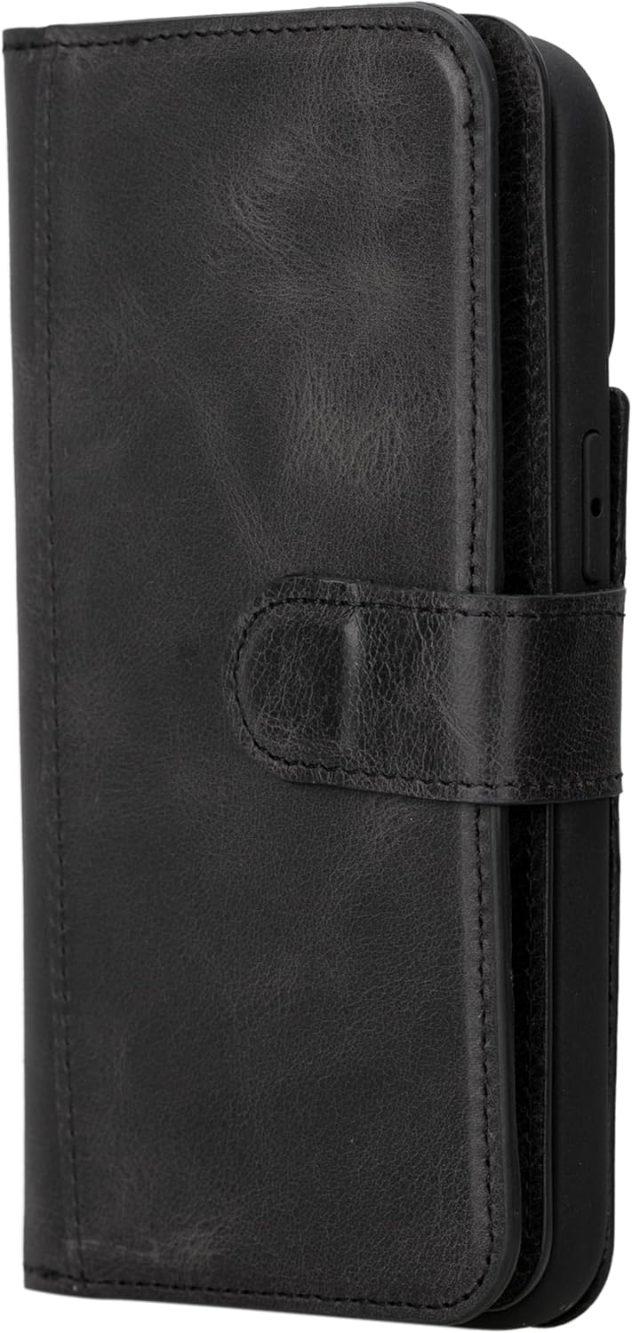 HARDISTON Genuine Premium Leather Handmade Wallet Case for iPhone 15 Pro Max - MagSafe Compatible - Double Folio Card Holders - Detachable Magnetic Flip Cover - Horizontal Kickstand (Black)