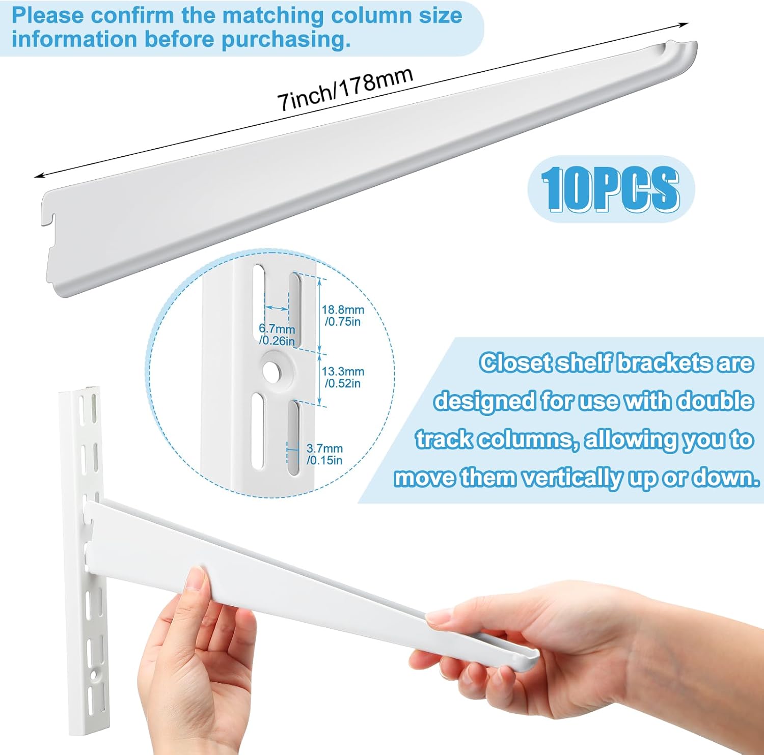 Yalikop 10 Pack Adjustable Shelf Brackets for Double Track System Closet Organization Heavy Duty Wire Shelf Brackets (White,7 Inches)