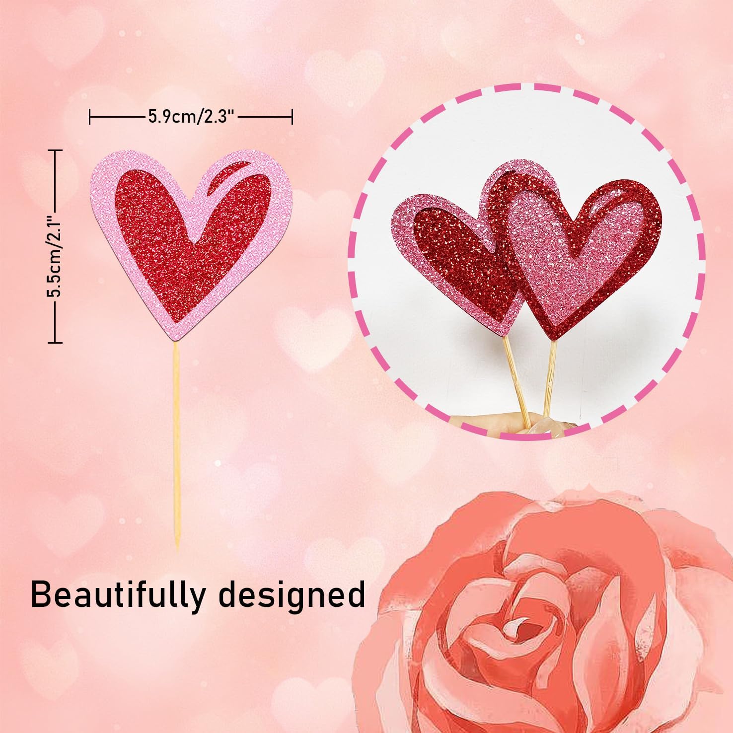 24Pcs Love Heart Cupcake Toppers for Valentine's Day Decorations, Love Heart Valentine's Day Cupcake Toppers for Wedding Bridal Shower Party Decorations (Mix Heart)