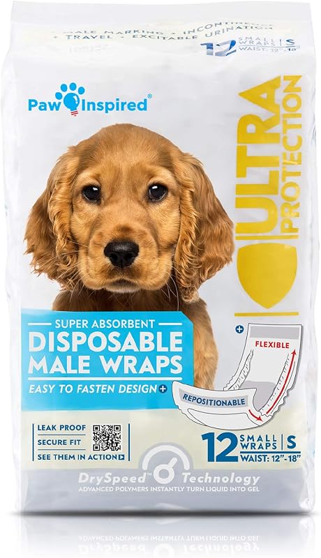 Fralda Descartável para Cães Machos Paw Inspired, Faixa Abdominal com Núcleo Superabsorvente, Tamanho Pequeno, Pacote com 12