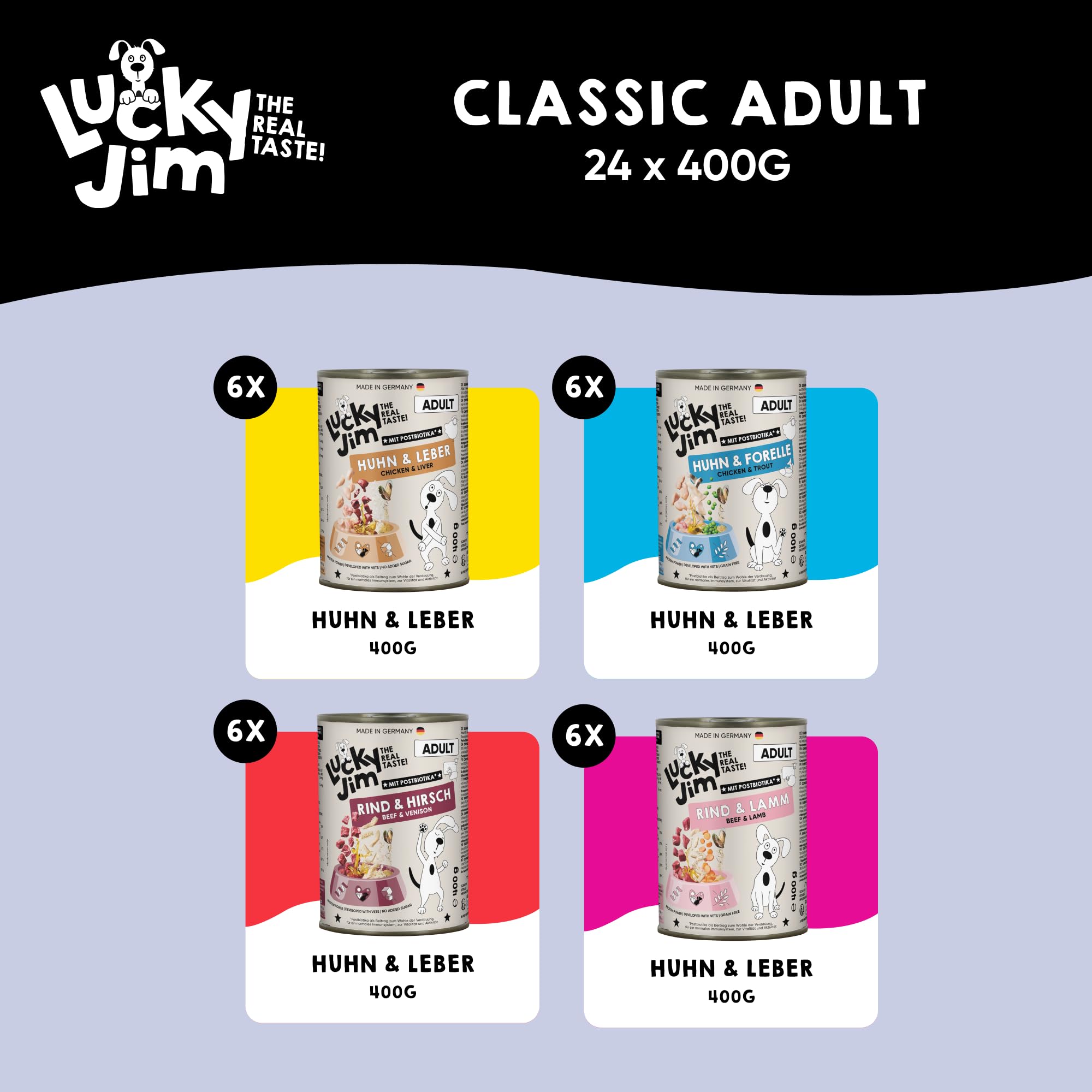 LUCKY JIM Huhn & Rind Mix Hundefutter nass - 24 x 400g Dosen - Nassfutter für Hunde, ohne Zuckerzusatz & mit Postbiotika für die Verdauung, Made in Germany - mit Tierärzten entwickelt