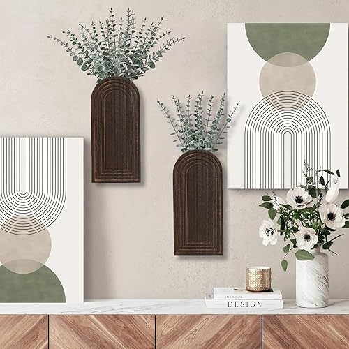 Miniatura 4 de Juego de 2 jarrones de pared de madera, acabado marrón oscuro, decoración de pared moderna de granja y bohemio para entrada, pasillo, baño, sala de