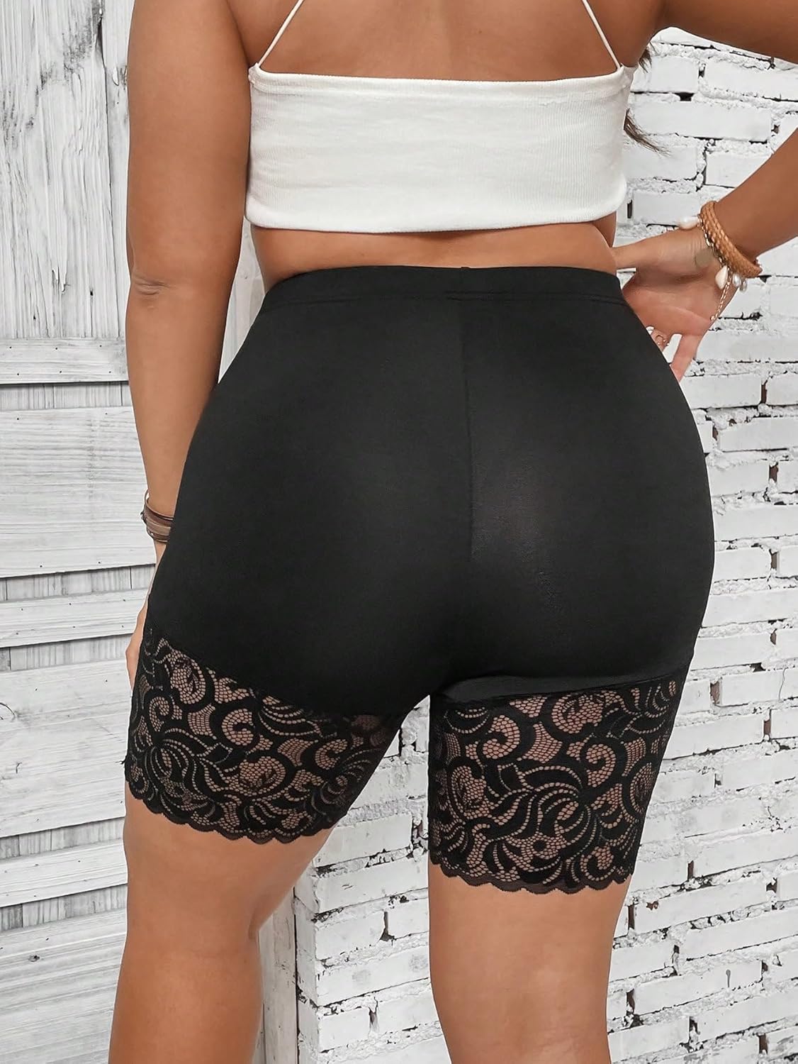 WDIRARA Women's Plus Size Lace Biker Shorts High Waisted Workout Yoga Short Leggings - Image 3