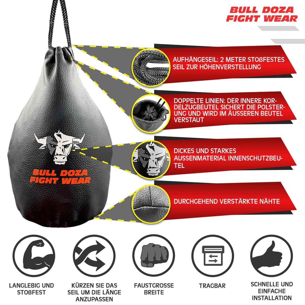 BULL DOZA FIGHT WEAR Ausweichen Reaktionstasche – Faustbreite – 1 kg wenn gefüllt – 2 Meter Seil zum Aufhängen inklusive – Boxsack MMA – Nr. 1 Verteidigungssack (Nicht zum Schlagen) (Schwarz, M)