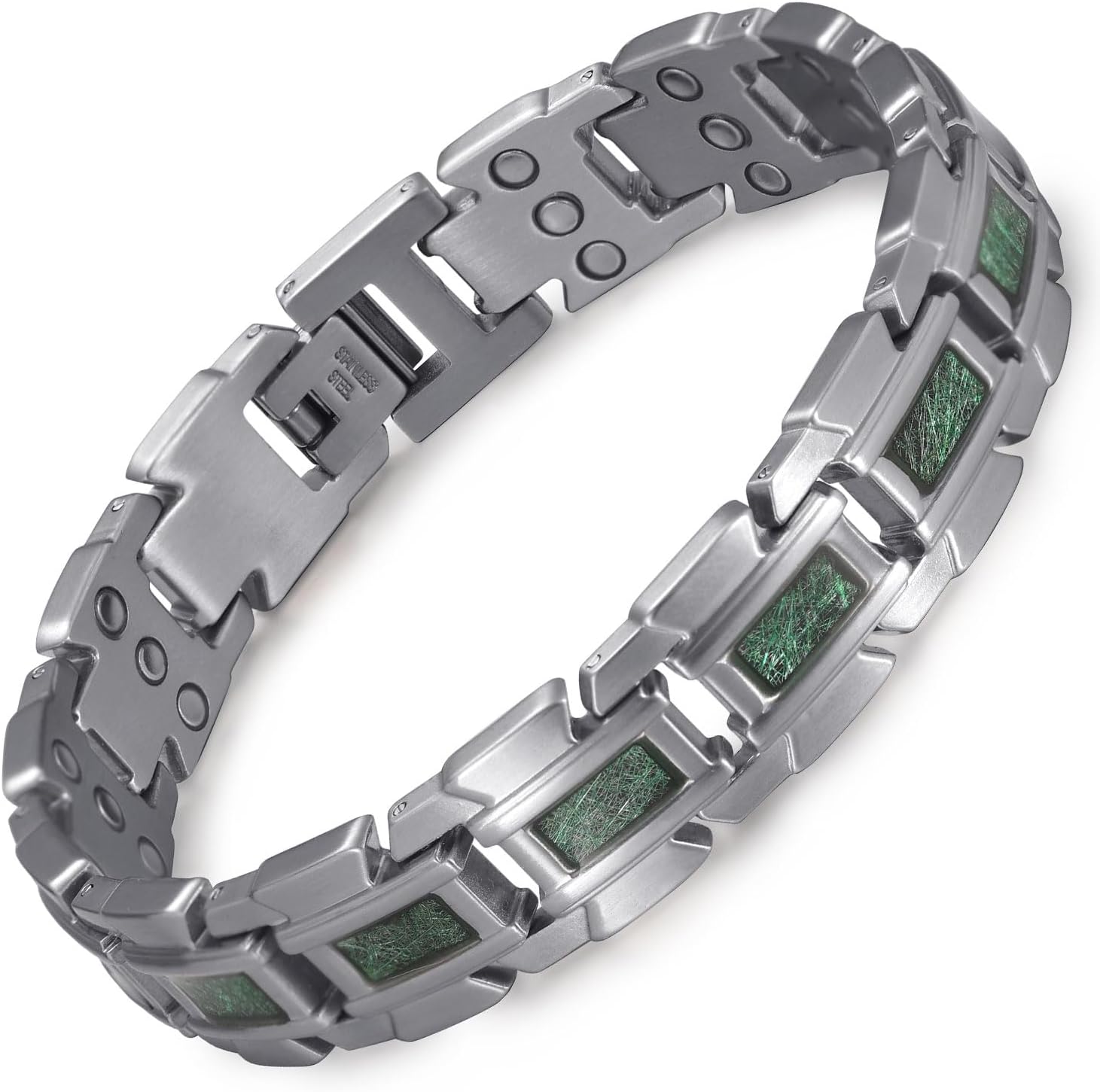 RainSo Men's Stainless Steel Magnetic Bracelet, Scorpion Clamp Three Rows of Magnetic Irregular Silk Pattern, Comes with Free Link Removal Tool and Jewelry Gift Box -(Silver and Green)