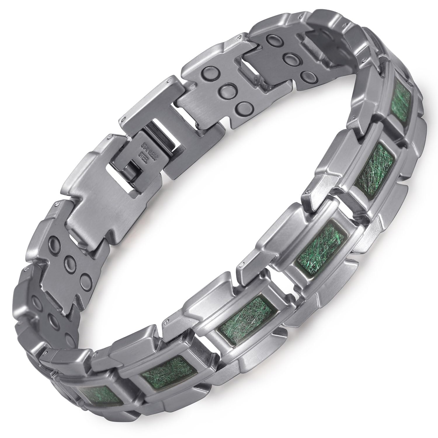RainSo Herren Magnetarmband,Scorpion Clamp Dreireihiges magnetisches Edelstahlarmband,Wird mit kostenlosem Werkzeug zum Entfernen von Gliedern und einer Schmuckgeschenkbox(Silber und Grün)