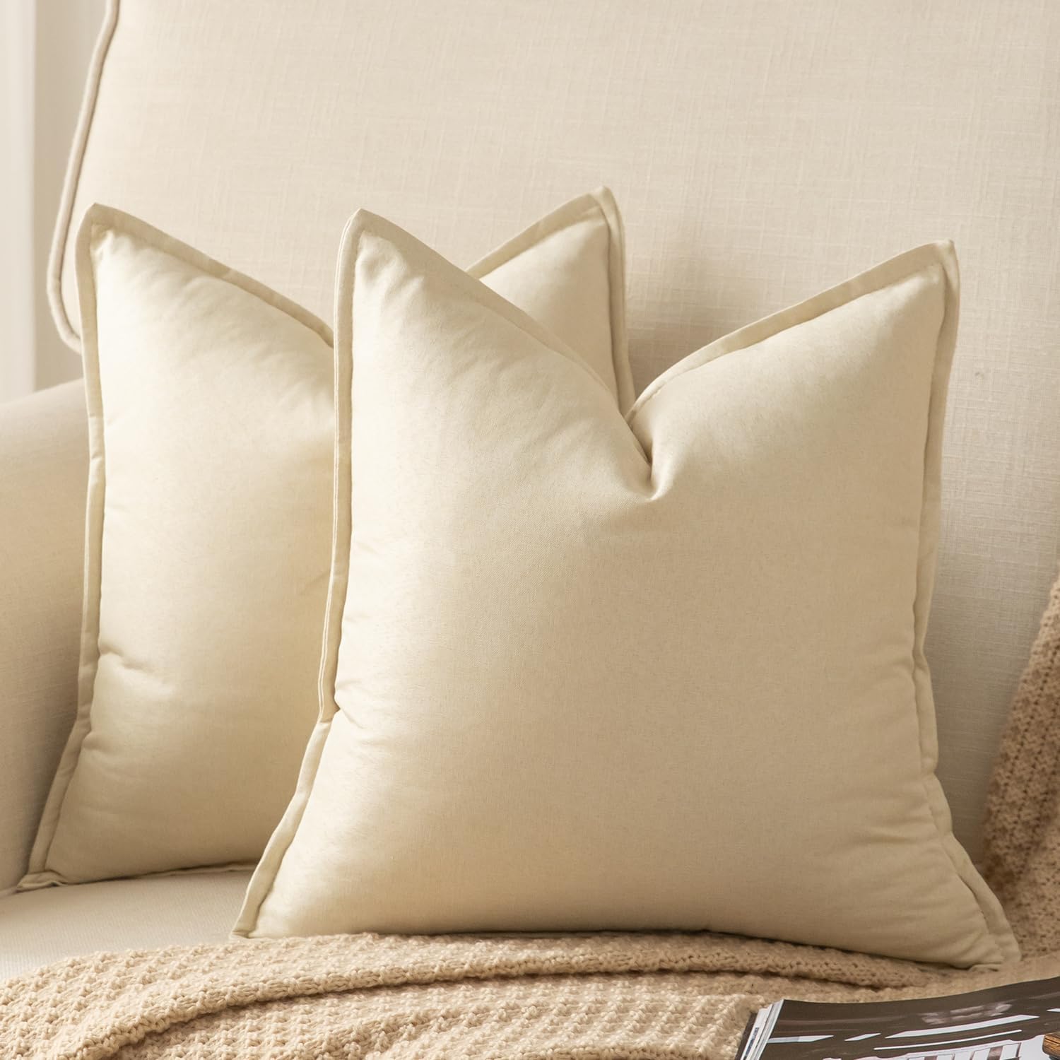 Yaertun Pack of 2 Decorative Linen Soild Throw Pillow Covers Farmhouse Neutral Cushion Covers Pillowcase for Chair Couch Sofa Bedroom Living Room Home Decor 24 x 24 Inch Beige