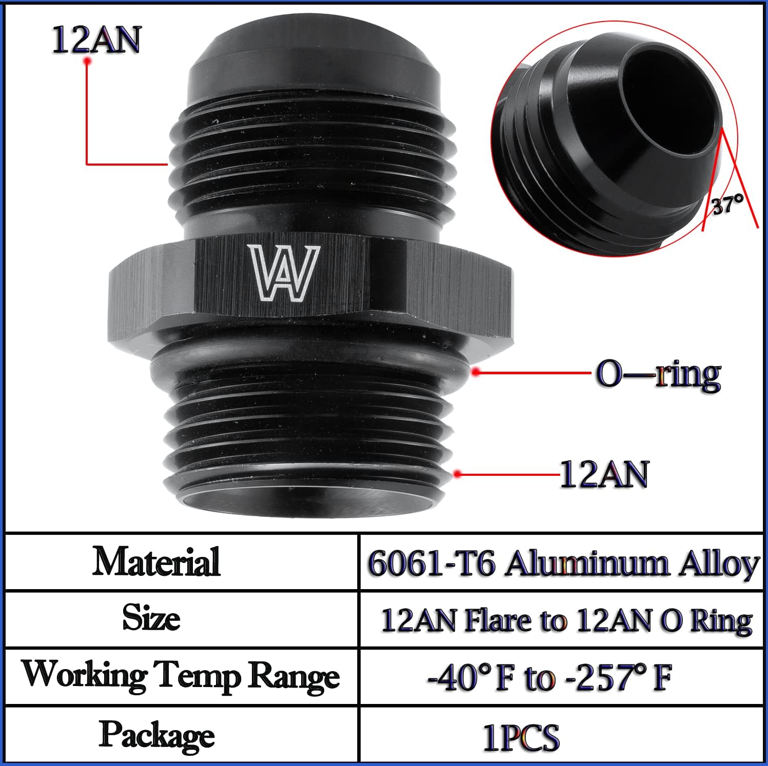 12AN Male Flare to 12 AN Male ORB O Ring Flare Boss Fuel Pump Rail Adapter Fitting Aluminum Black