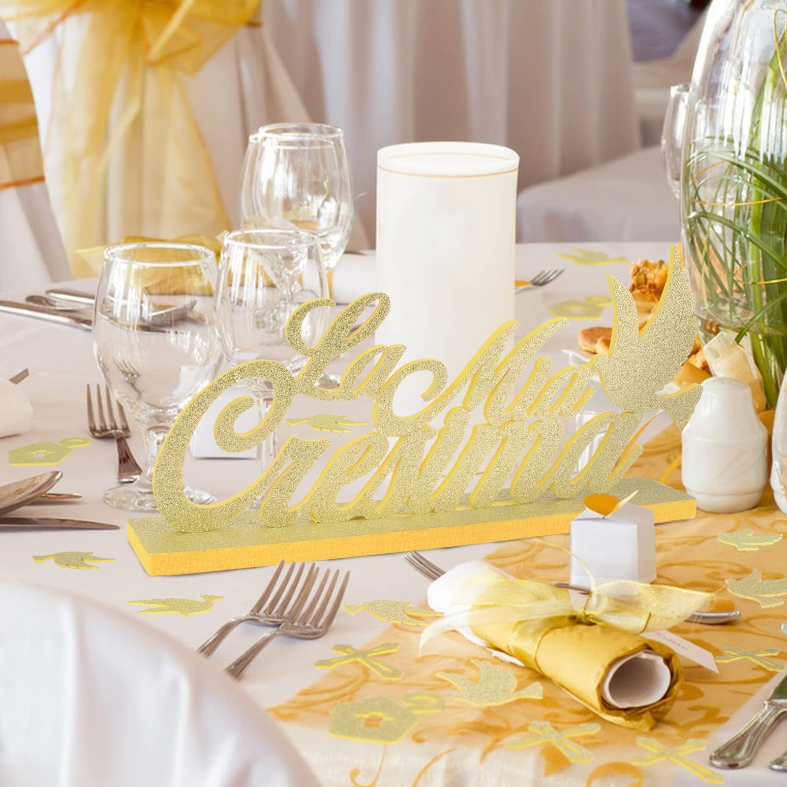 Decorazioni Cresima In Feltro - Centrotavolo E 36 Coriandoli Oro Con Croce, Piccione E Scettro