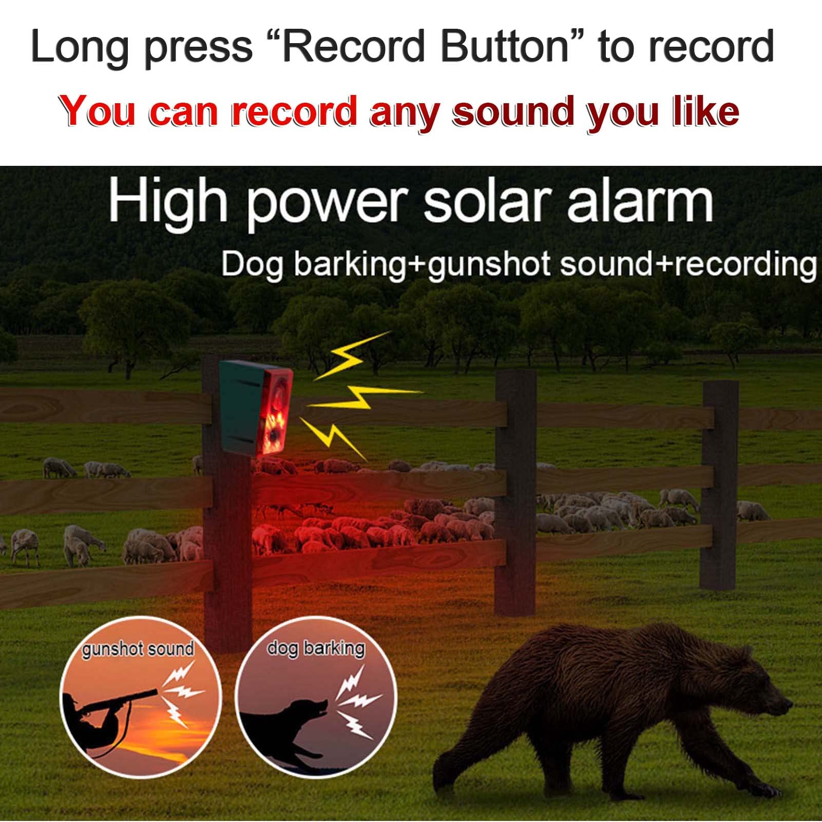 KEEDA Rilevatore di movimento con allarme solare e luce stroboscopica, registrazione in 20 secondi, colpi di arma da fuoco e abbaiare del cane, sistema di allarme di sicurezza per fattoria, fienile,