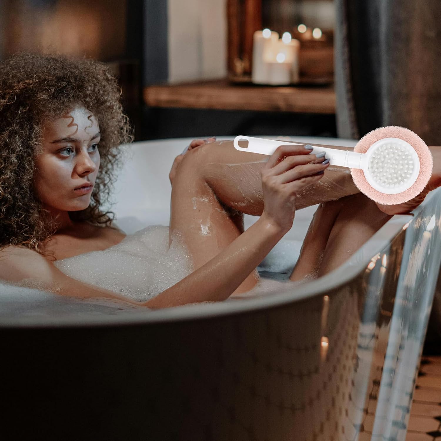 Back Scrubber with Handle and Bath Exfoliating Brush, Long Handle Body Scrubber for Shower, Pink Sponge with Suction Cup for Deep Cleaning and Foaming in Bathing