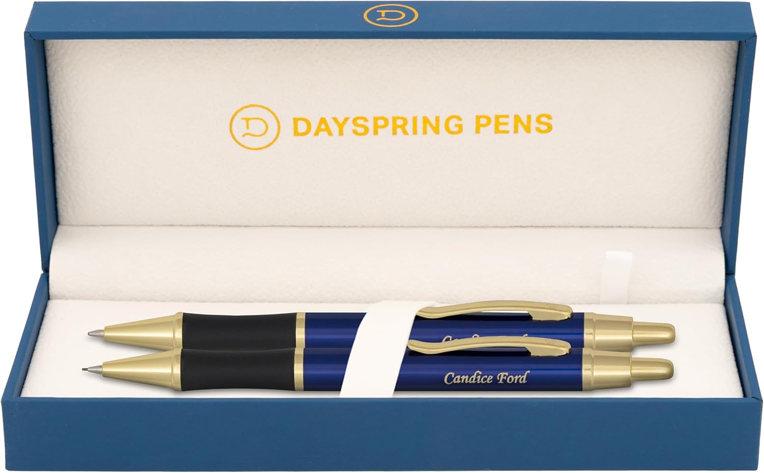 Dayspring Pens Monroe Blue Ballpoint Pen and Pencil Set, Gold Accents, Custom Engraved — Graduation, Promotion, Anniversary, or New Job Gift