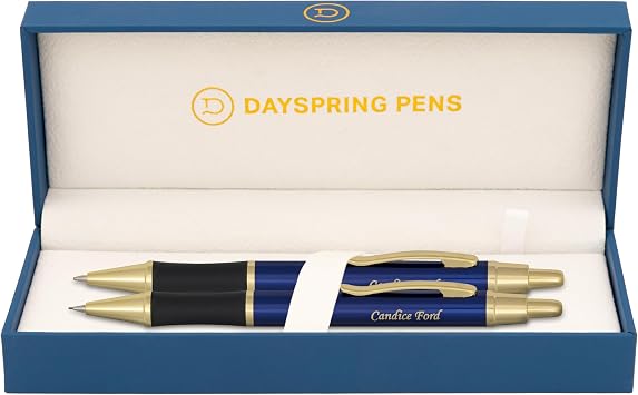 Dayspring Pens Monroe Blue Ballpoint Pen and Pencil Set, Gold Accents, Custom Engraved Graduation, Promotion, Anniversary, or New Job Gift