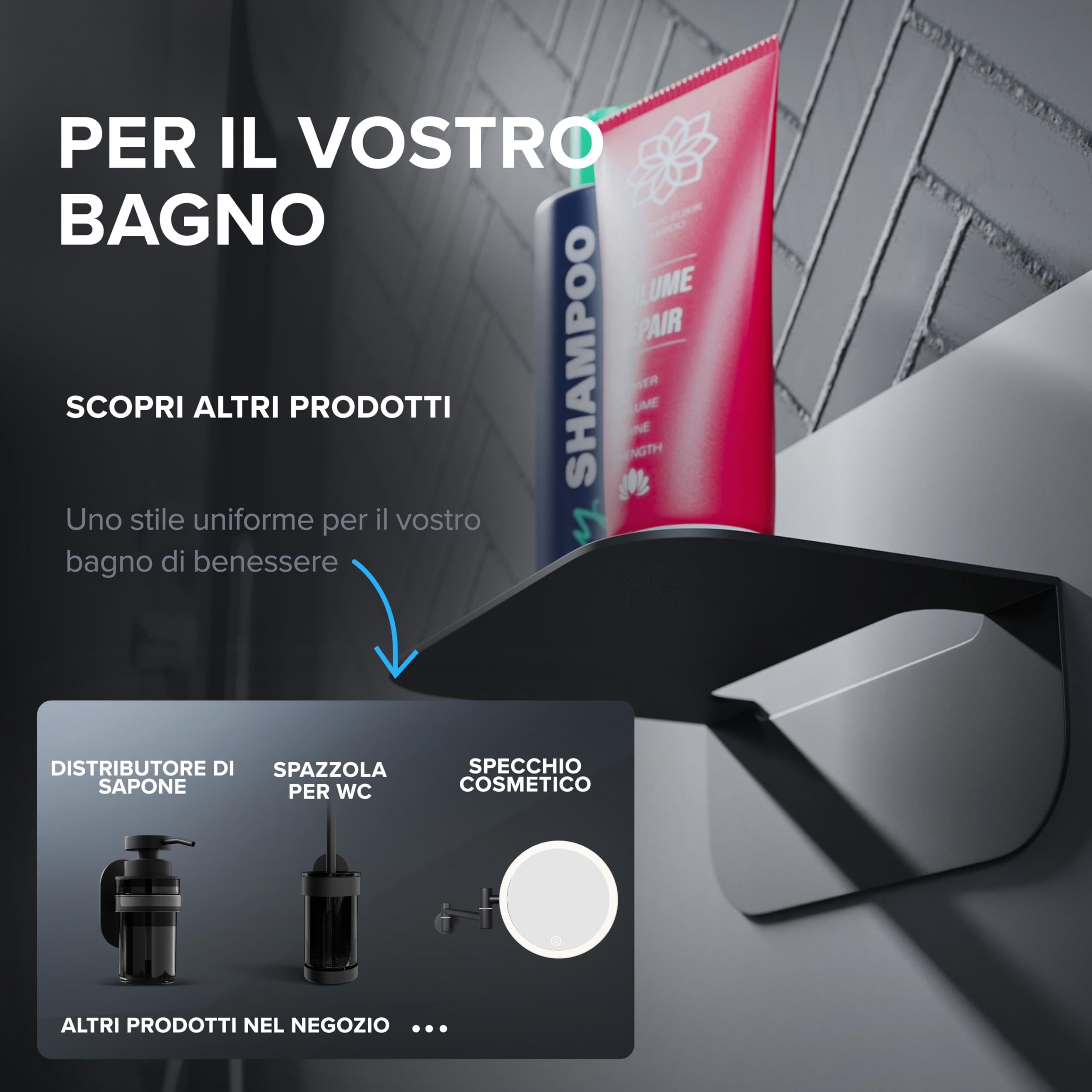 Mensola da bagno in acciaio inox nero opaco senza foratura Ovimar Gimsoya
