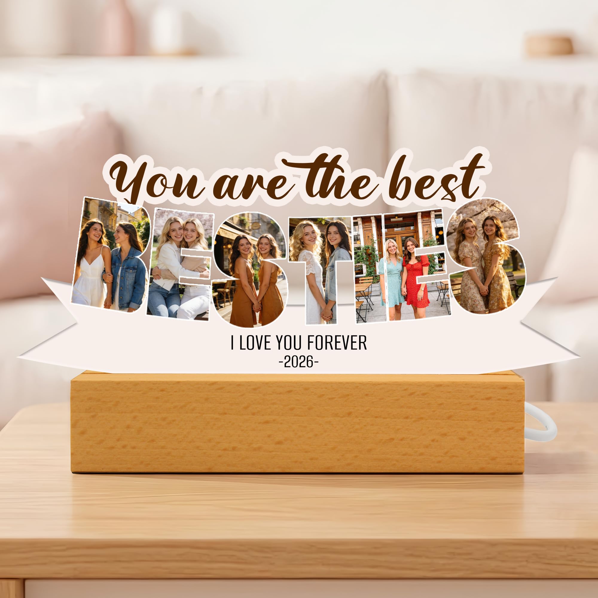Personalised Bestie Photo Frame, Custom Acrylic Photo Plaque with Wooden Base, Warm LED Light Up Frame, Friendship Gifts for Best Friend for Galentine’s Day Birthday Christmas (BESTIE)
