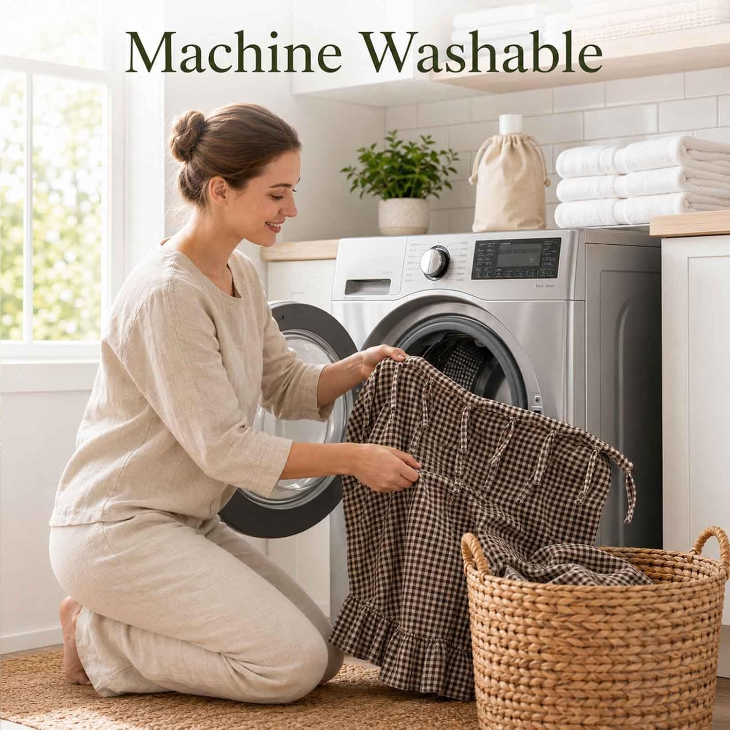 Farmhouse Oven Curtain Skirt Soft Linen Kitchen Oven Cover with Easy Install Tie Top Rustic Decorative Oven Skirt for Cozy Modern Farmhouse Kitchen Decor