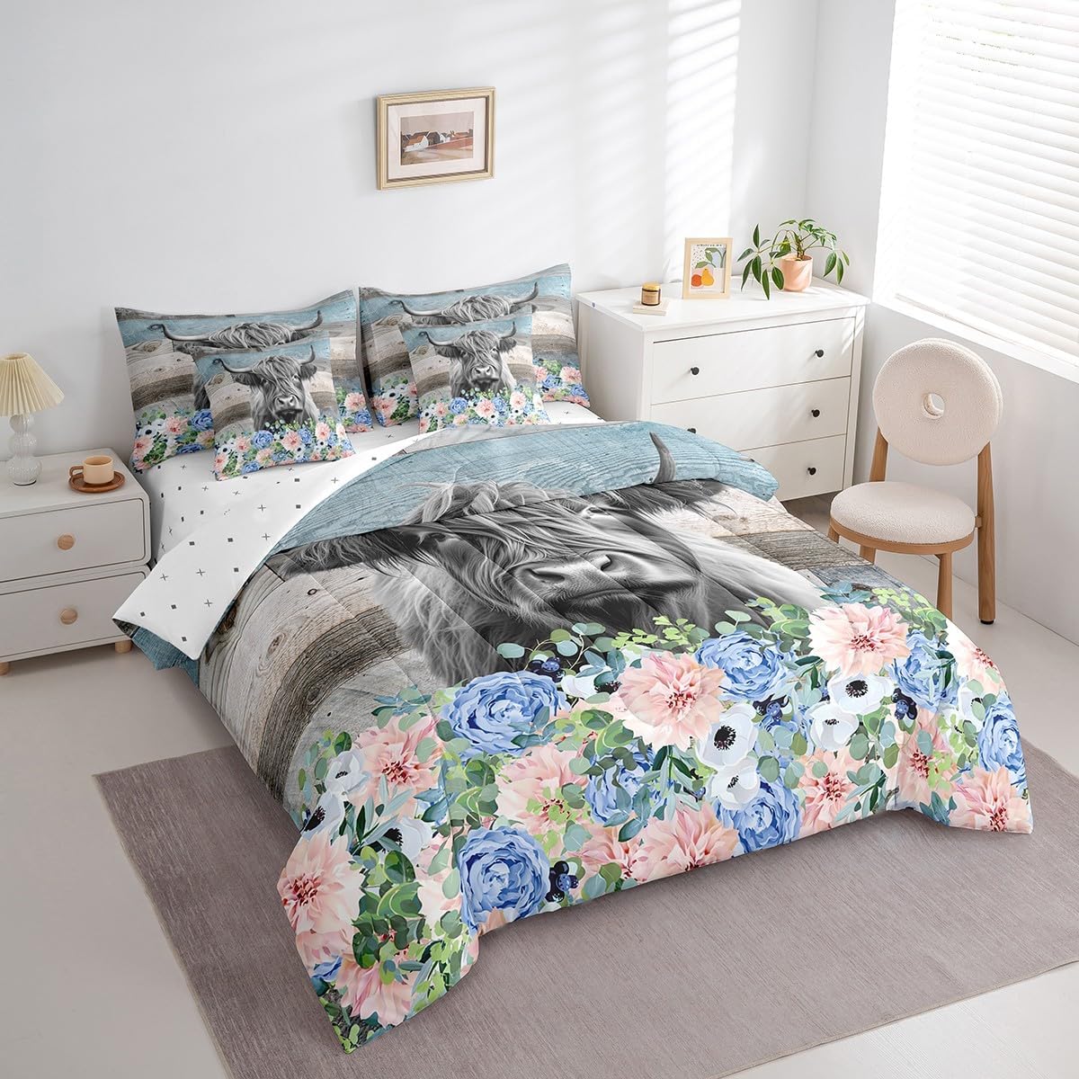 Erosebridal 7 Piece Western Farmhouse Bed in A Bag Twin Highland Cow Comforter Set Rustic Flowers Bull Bull Cattle Bedding Set Farm Animal Wildlife Bed Set,Sheet Set Pillow Cases,Pillow Covers