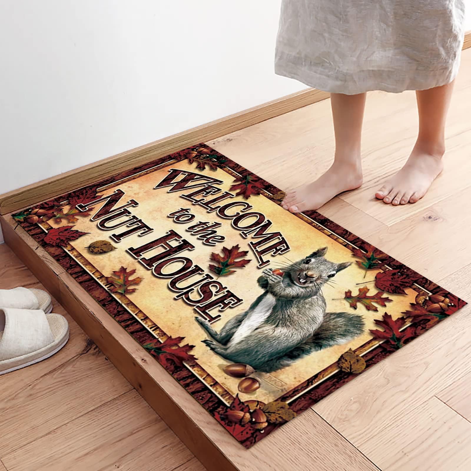Indoor Door Mats, Welcome to The Nut House Thanksgiving Autumn Retro Squirrel Maple Leaves Non Slip Welcome Mat Low Profile Front Doormat for Entryway, Porch, Kitchen, High Traffic Areas, 24 x 16 Inch